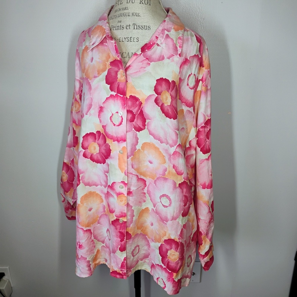 Liz Claiborne Linen Button Shirt Womensโ 3X Pink Floral Long Sleeve Colorful